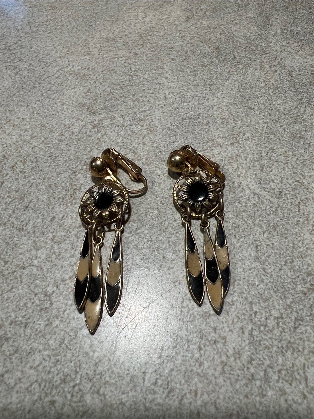 Vintage Gold-Tone Black Accent Dangle Clip-On Earrings